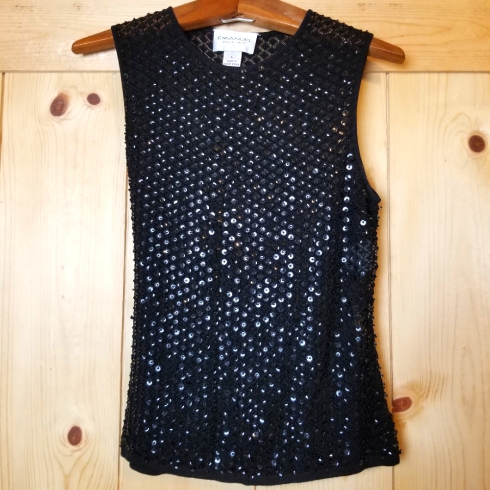 Emanuel Ungaro Sequined Black Sheer Sleeveless Evening Top